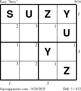 The grouppuzzles.com Easy Suzy puzzle for Sunday September 28, 2025 with all 3 steps marked