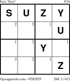 The grouppuzzles.com Easy Suzy puzzle for Sunday September 28, 2025 with the first 3 steps marked