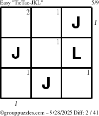 The grouppuzzles.com Easy TicTac-JKL puzzle for Sunday September 28, 2025 with all 2 steps marked