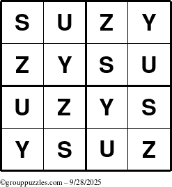 The grouppuzzles.com Answer grid for the Suzy puzzle for Sunday September 28, 2025
