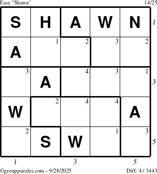 The grouppuzzles.com Easy Shawn puzzle for Sunday September 28, 2025 with all 4 steps marked
