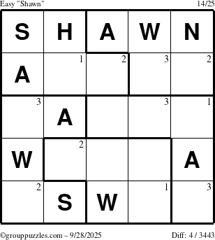 The grouppuzzles.com Easy Shawn puzzle for Sunday September 28, 2025 with the first 3 steps marked
