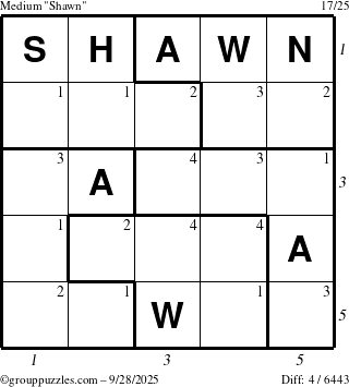 The grouppuzzles.com Medium Shawn puzzle for Sunday September 28, 2025, suitable for printing, with all 4 steps marked