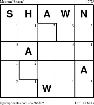 The grouppuzzles.com Medium Shawn puzzle for Sunday September 28, 2025 with the first 3 steps marked