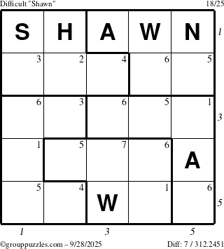 The grouppuzzles.com Difficult Shawn puzzle for Sunday September 28, 2025, suitable for printing, with all 7 steps marked
