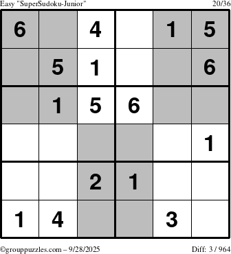 The grouppuzzles.com Easy SuperSudoku-Junior puzzle for Sunday September 28, 2025