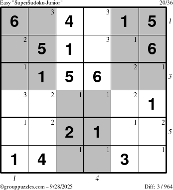 The grouppuzzles.com Easy SuperSudoku-Junior puzzle for Sunday September 28, 2025 with all 3 steps marked