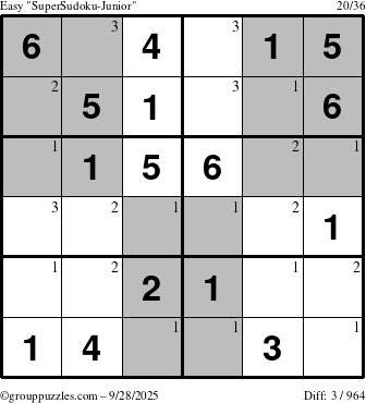 The grouppuzzles.com Easy SuperSudoku-Junior puzzle for Sunday September 28, 2025 with the first 3 steps marked