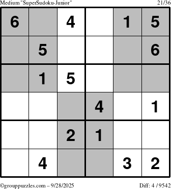 The grouppuzzles.com Medium SuperSudoku-Junior puzzle for Sunday September 28, 2025