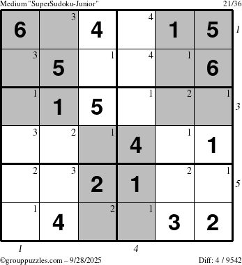 The grouppuzzles.com Medium SuperSudoku-Junior puzzle for Sunday September 28, 2025 with all 4 steps marked