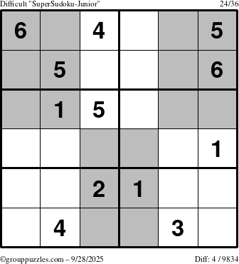 The grouppuzzles.com Difficult SuperSudoku-Junior puzzle for Sunday September 28, 2025