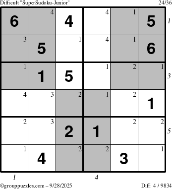 The grouppuzzles.com Difficult SuperSudoku-Junior puzzle for Sunday September 28, 2025 with all 4 steps marked