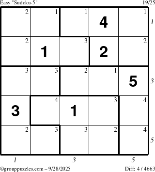 The grouppuzzles.com Easy Sudoku-5 puzzle for Sunday September 28, 2025 with all 4 steps marked