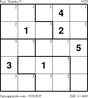 The grouppuzzles.com Easy Sudoku-5 puzzle for Sunday September 28, 2025 with the first 3 steps marked