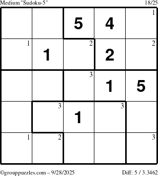 The grouppuzzles.com Medium Sudoku-5 puzzle for Sunday September 28, 2025 with the first 3 steps marked
