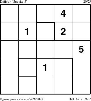 The grouppuzzles.com Difficult Sudoku-5 puzzle for Sunday September 28, 2025