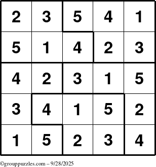 The grouppuzzles.com Answer grid for the Sudoku-5 puzzle for Sunday September 28, 2025