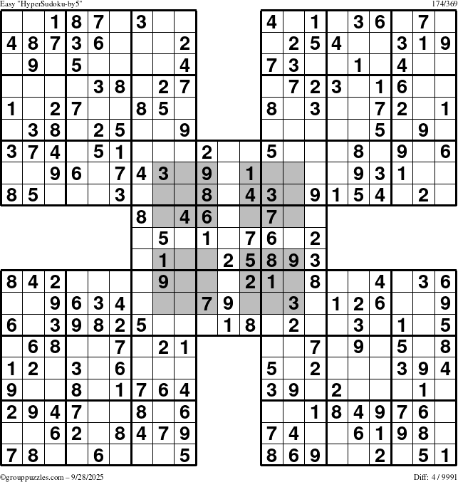 The grouppuzzles.com Easy HyperSudoku-by5 puzzle for Sunday September 28, 2025