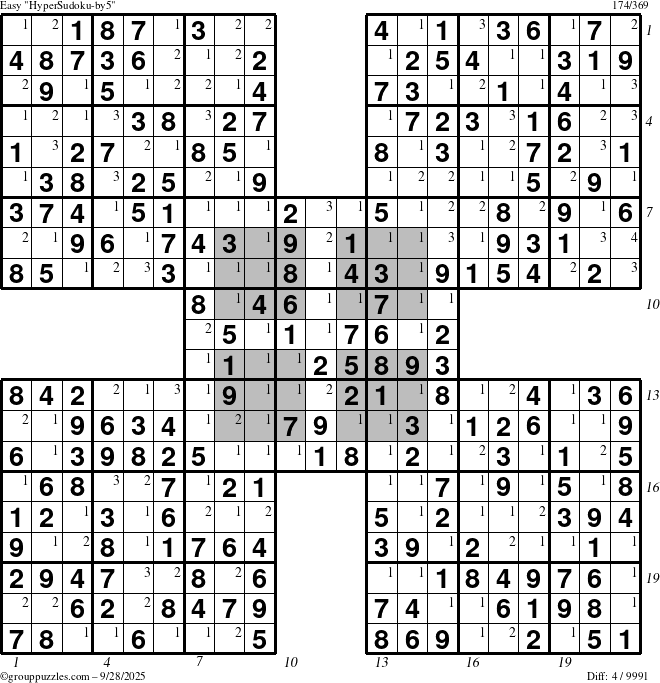 The grouppuzzles.com Easy HyperSudoku-by5 puzzle for Sunday September 28, 2025 with all 4 steps marked