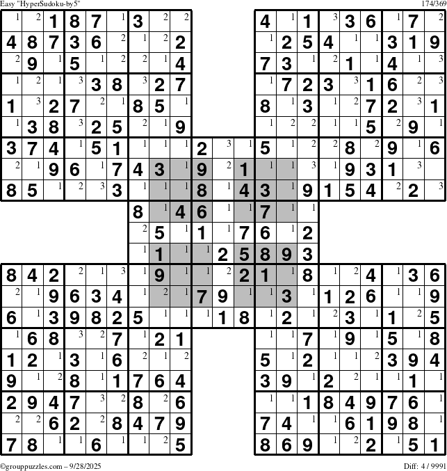 The grouppuzzles.com Easy HyperSudoku-by5 puzzle for Sunday September 28, 2025 with the first 3 steps marked