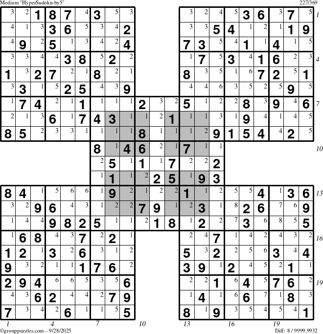 The grouppuzzles.com Medium HyperSudoku-by5 puzzle for Sunday September 28, 2025, suitable for printing, with all 8 steps marked