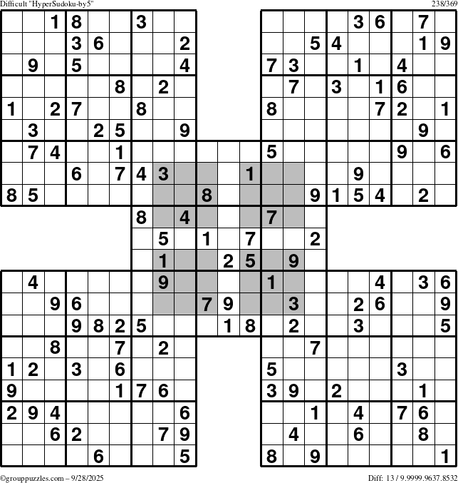 The grouppuzzles.com Difficult HyperSudoku-by5 puzzle for Sunday September 28, 2025