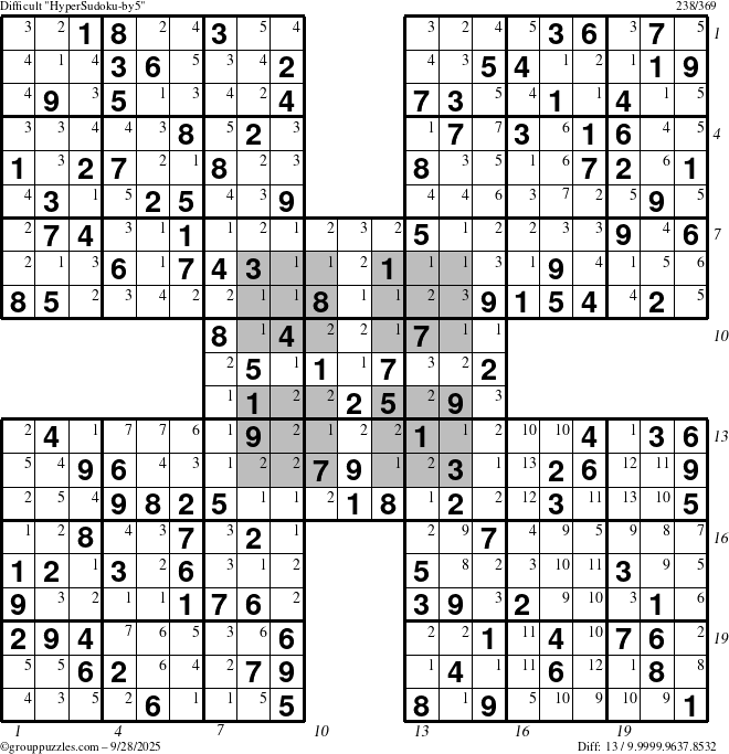 The grouppuzzles.com Difficult HyperSudoku-by5 puzzle for Sunday September 28, 2025 with all 13 steps marked