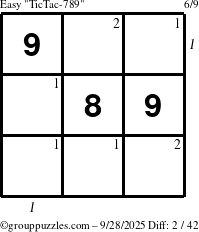 The grouppuzzles.com Easy TicTac-789 puzzle for Sunday September 28, 2025 with all 2 steps marked