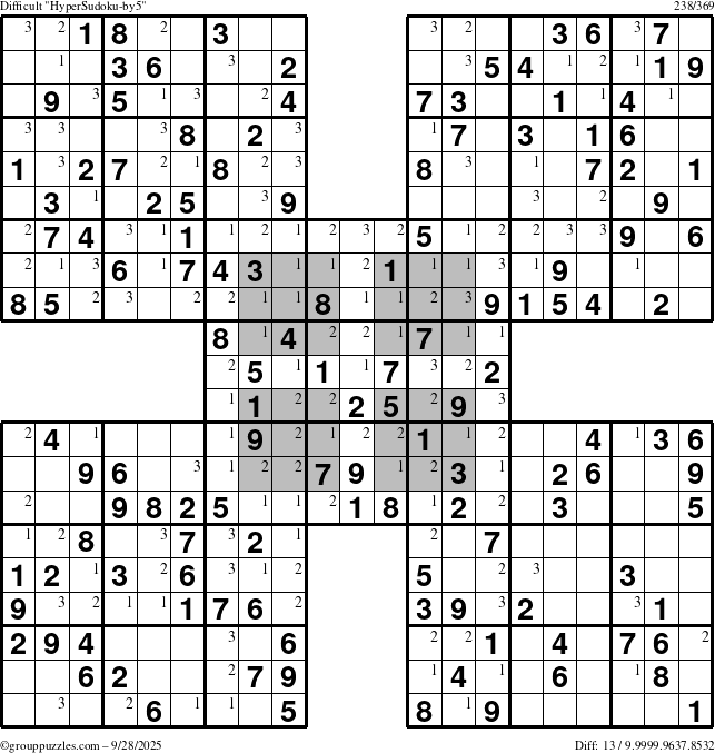 The grouppuzzles.com Difficult HyperSudoku-by5 puzzle for Sunday September 28, 2025 with the first 3 steps marked