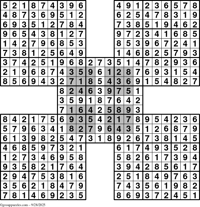 The grouppuzzles.com Answer grid for the HyperSudoku-by5 puzzle for Sunday September 28, 2025