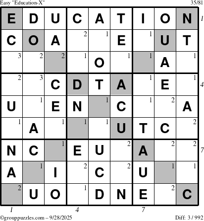 The grouppuzzles.com Easy Education-X puzzle for Sunday September 28, 2025 with all 3 steps marked