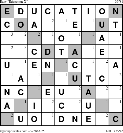 The grouppuzzles.com Easy Education-X puzzle for Sunday September 28, 2025 with the first 3 steps marked