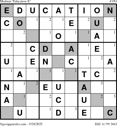 The grouppuzzles.com Medium Education-X puzzle for Sunday September 28, 2025 with the first 3 steps marked