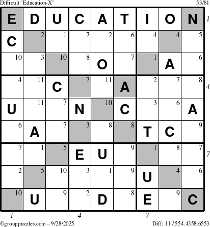 The grouppuzzles.com Difficult Education-X puzzle for Sunday September 28, 2025 with all 11 steps marked