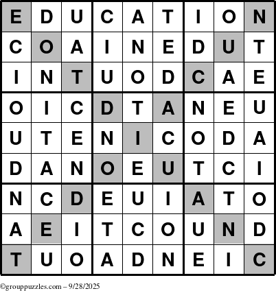 The grouppuzzles.com Answer grid for the Education-X puzzle for Sunday September 28, 2025