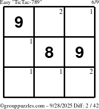The grouppuzzles.com Easy TicTac-789 puzzle for Sunday September 28, 2025 with the first 2 steps marked