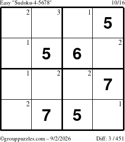 The grouppuzzles.com Easy Sudoku-4-5678 puzzle for Wednesday September 2, 2026 with the first 3 steps marked