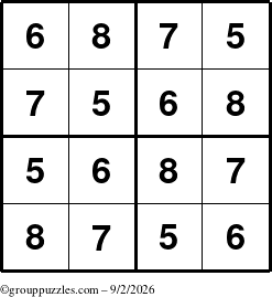 The grouppuzzles.com Answer grid for the Sudoku-4-5678 puzzle for Wednesday September 2, 2026