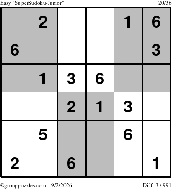 The grouppuzzles.com Easy SuperSudoku-Junior puzzle for Wednesday September 2, 2026
