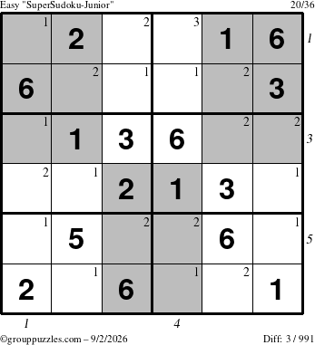 The grouppuzzles.com Easy SuperSudoku-Junior puzzle for Wednesday September 2, 2026 with all 3 steps marked