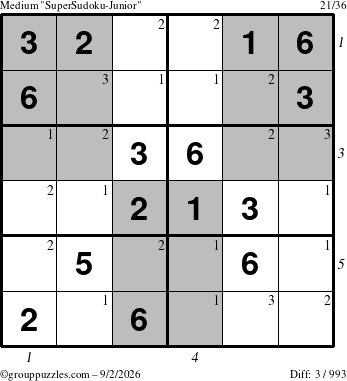 The grouppuzzles.com Medium SuperSudoku-Junior puzzle for Wednesday September 2, 2026, suitable for printing, with all 3 steps marked