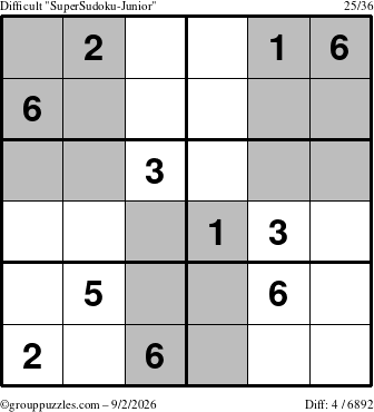 The grouppuzzles.com Difficult SuperSudoku-Junior puzzle for Wednesday September 2, 2026