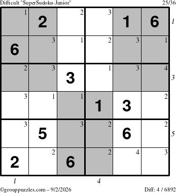The grouppuzzles.com Difficult SuperSudoku-Junior puzzle for Wednesday September 2, 2026, suitable for printing, with all 4 steps marked