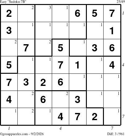 The grouppuzzles.com Easy Sudoku-7B puzzle for Wednesday September 2, 2026 with all 3 steps marked