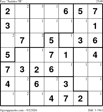 The grouppuzzles.com Easy Sudoku-7B puzzle for Wednesday September 2, 2026 with the first 3 steps marked