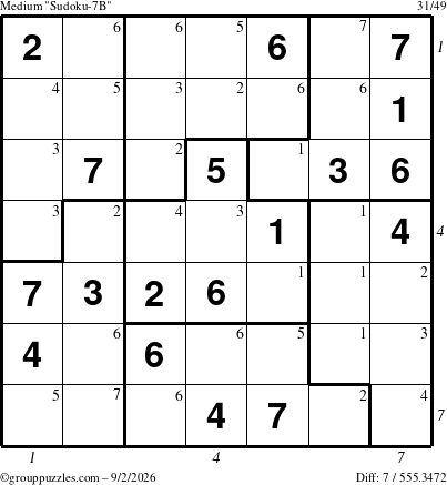 The grouppuzzles.com Medium Sudoku-7B puzzle for Wednesday September 2, 2026, suitable for printing, with all 7 steps marked