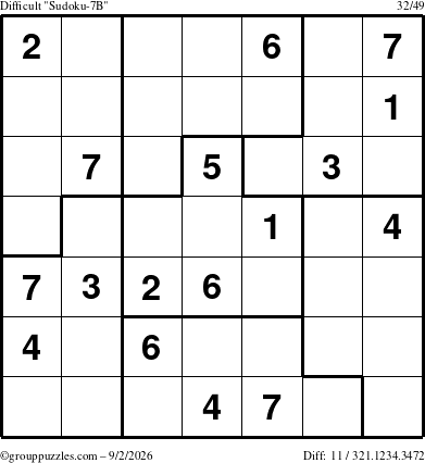 The grouppuzzles.com Difficult Sudoku-7B puzzle for Wednesday September 2, 2026