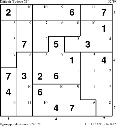 The grouppuzzles.com Difficult Sudoku-7B puzzle for Wednesday September 2, 2026 with all 11 steps marked