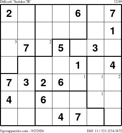 The grouppuzzles.com Difficult Sudoku-7B puzzle for Wednesday September 2, 2026 with the first 3 steps marked