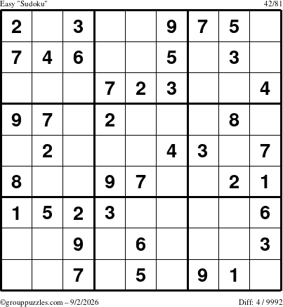 The grouppuzzles.com Easy Sudoku puzzle for Wednesday September 2, 2026